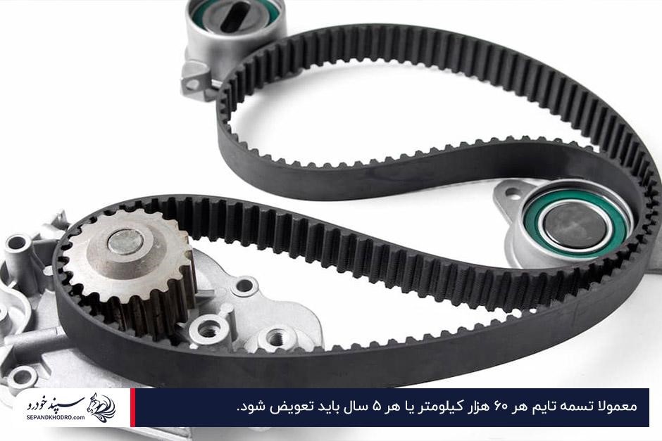 بهترین زمان تعویض تسمه تایم؛ باتوجهبه طول عمر تسمه تایم، هر ۶۰ هزار کیلومتر یا ۵ سال