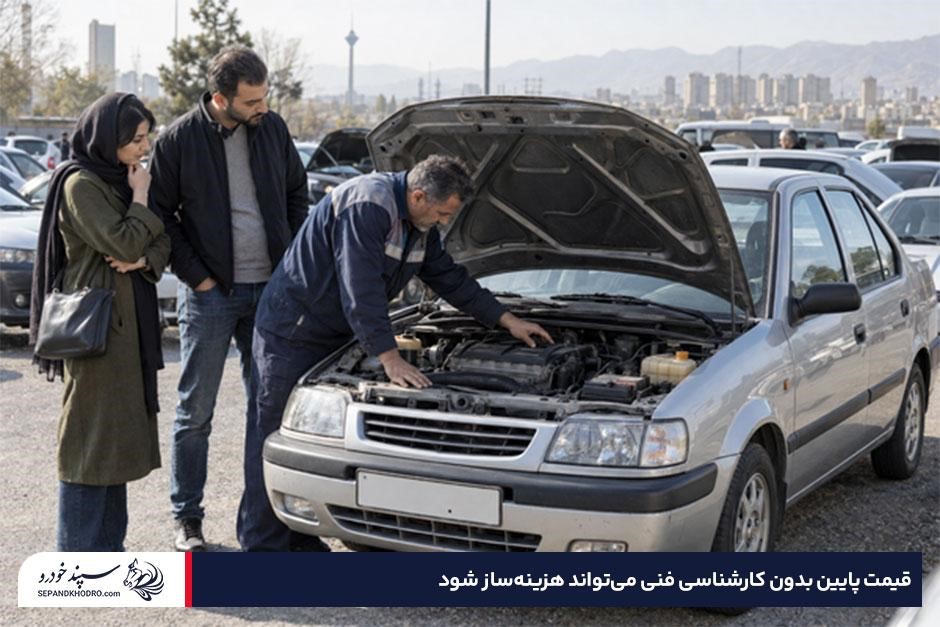 زوج ایرانی در حال مشاهده کارشناسی موتور یک خودروی اتومات قدیمی پیش از خرید