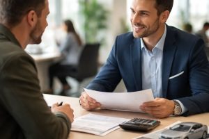 دو شخص در حال صحبت در فضای بانک و برگه‌ای در دست آن‌ها به‌همراه ماشین‌حساب روی میز