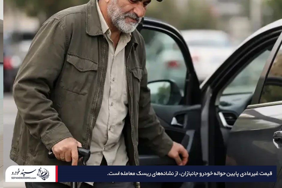 مردی مسن با عصا در حال سوار شدن به ماشین