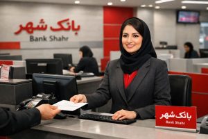 کارمند بانک زن با لباس رسمی مشکی و قرمز پشت میز در حال تحویل برگه به مشتری