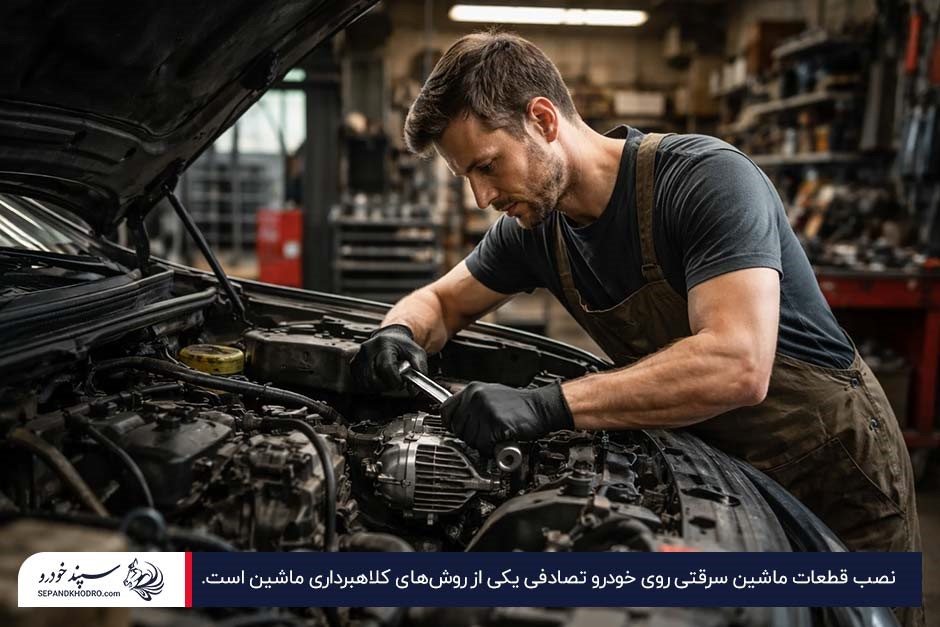 یک آقا در حال تعویض قطعات خودرو سرقتی در تعمیرگاه برای کلاهبرداری ماشین