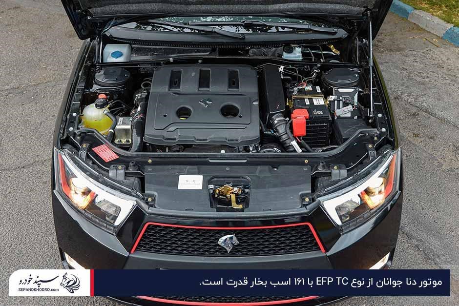 نمای کلی از محفظه موتور دنا پلاس جوانان با پیشرانه EFP TC