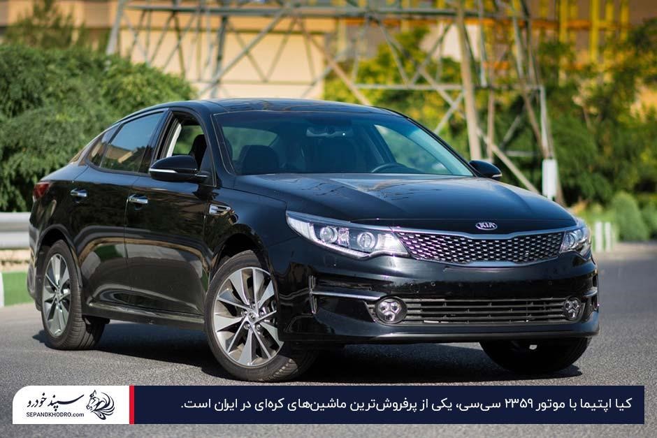عکس نمای جانبی و جلویی کیا اپتیما مشکی پارکشده در خیابان