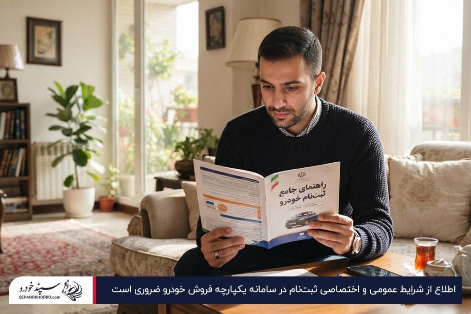 مردی در خانه در حال مطالعه دفترچه شرایط ثبتنام خودرو