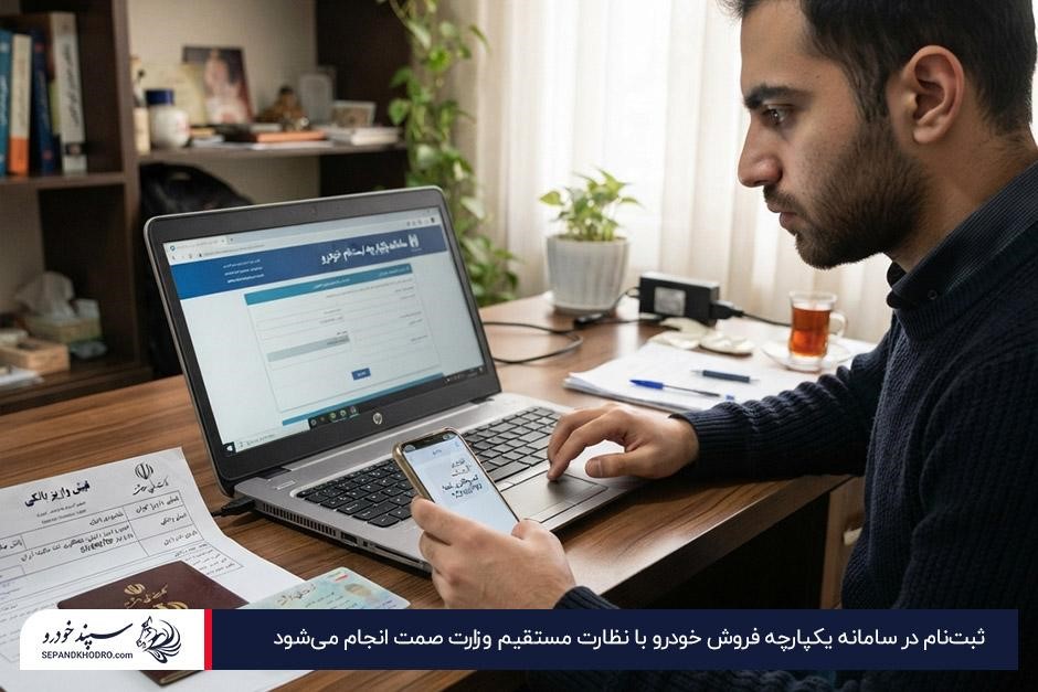 فردی در حال کار با لپتاپ برای ثبتنام در سامانه خرید ماشین های طرح یکپارچه