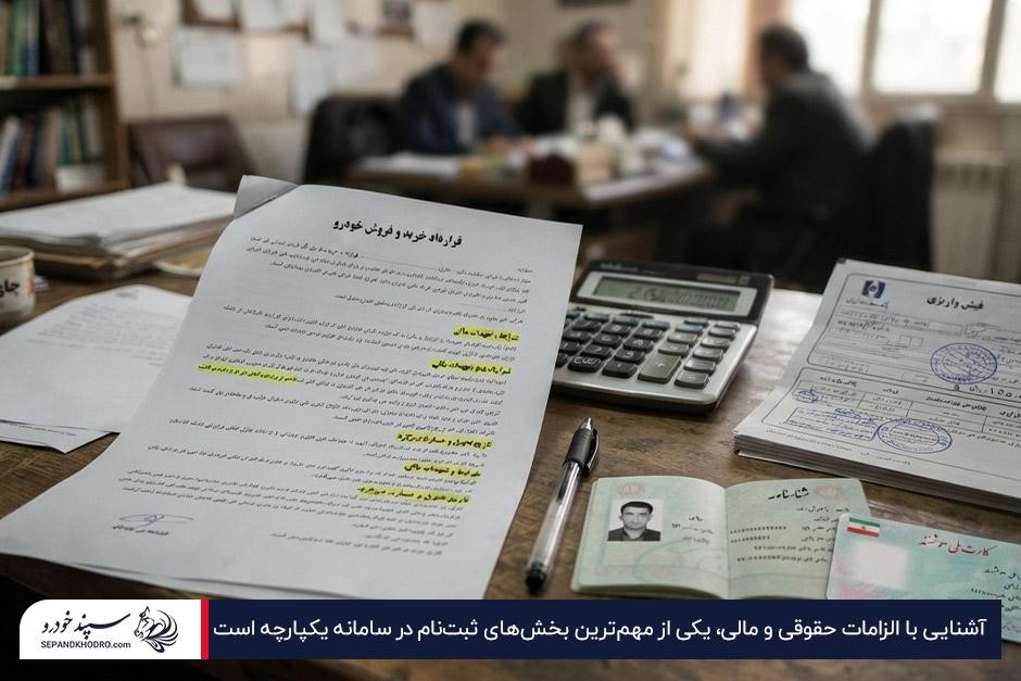 قرارداد خرید و فروش ماشین، کارت ملی، شناسنامه و فیش واریزی هزینه ماشین روی میز