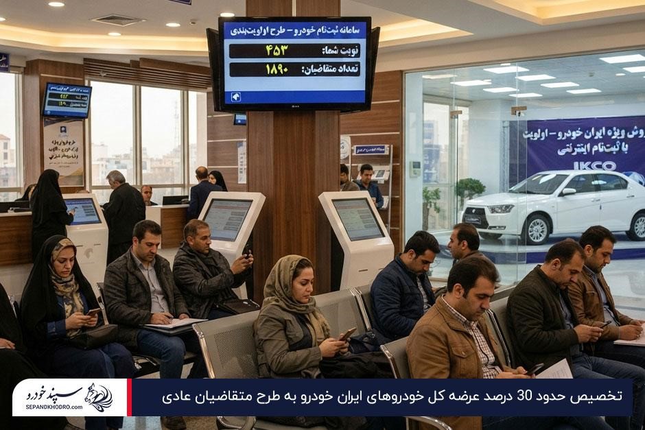 سالن انتظار نمایندگی ایران خودرو و چند متقاضی خرید ماشین با طرح افراد عادی نشسته روی صندلی